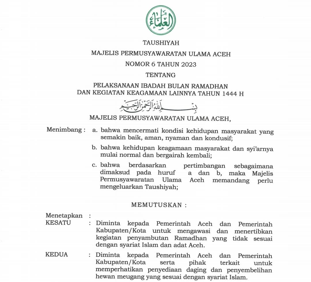 Ini Tausyiah MPU Aceh untuk Pemerintah dan Masyarakat Tentang Pelaksanaan Ibadah Bulan Ramadan