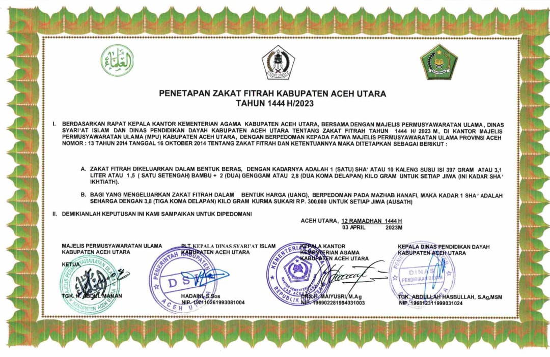 Ini Besaran Zakat Fitrah Dalam Bentuk Beras dan Uang di Kabupaten Aceh Utara