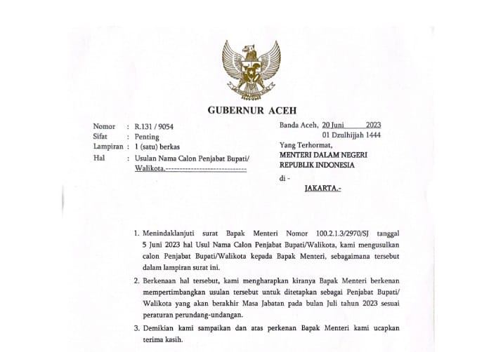 Ini Nama-nama Calon Pj Bupati dan Walikota Usulan Pj Gubernur Aceh