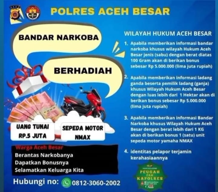 Berikan Informasi Narkoba, Polres Aceh Besar Hadiahkan NMX dan Uang Tunai 5 Juta untuk Masyarakat