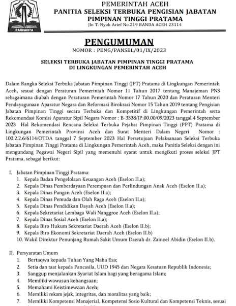 Pemerintah Aceh Lelang Jabatan Eselon II, Ini Syarat-syaratnya
