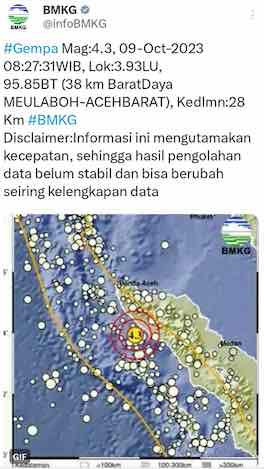 Gempa M 4,3 Mengguncang Aceh Barat, Ini Penjelasan BMKG