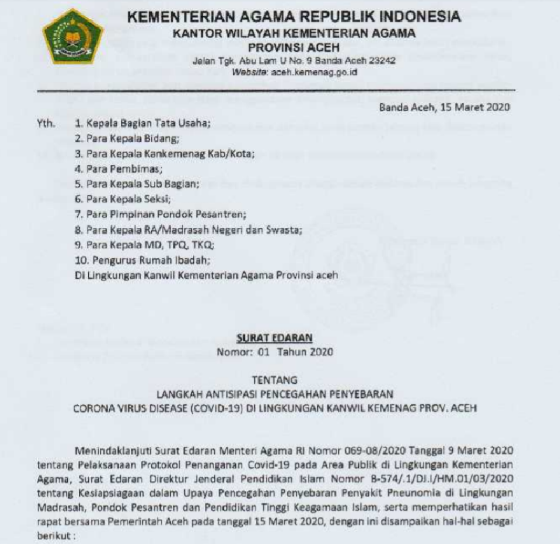 Antisipasi Covid-19, Kemenag Aceh Liburkan Madrasah dan Sekolah Agama Lainnya