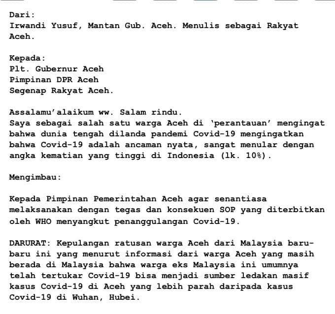 Cegah Corona, Irwandi Yusuf Surati Plt Gubernur Aceh