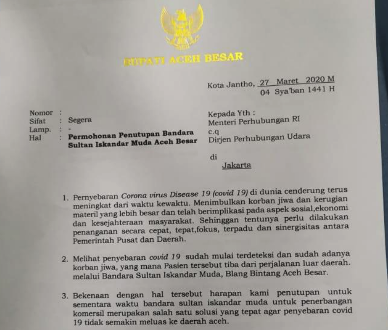 Cegah Corona, Bupati Aceh Besar Surati Kemenhub Minta Bandara SIM Ditutup