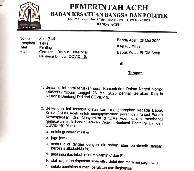 Kesbangpol Aceh Minta FKDMSosialisasi Gerakan Disiplin Nasional Benteng Diri