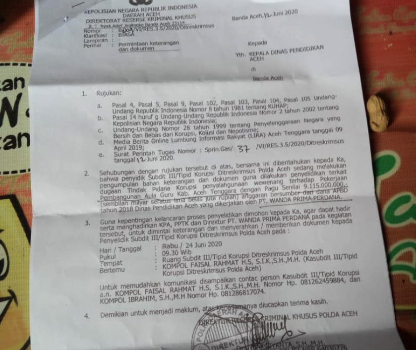 Penyidik Dit Krimsus Polda Aceh Panggil Kepala Dinas Pendidikan