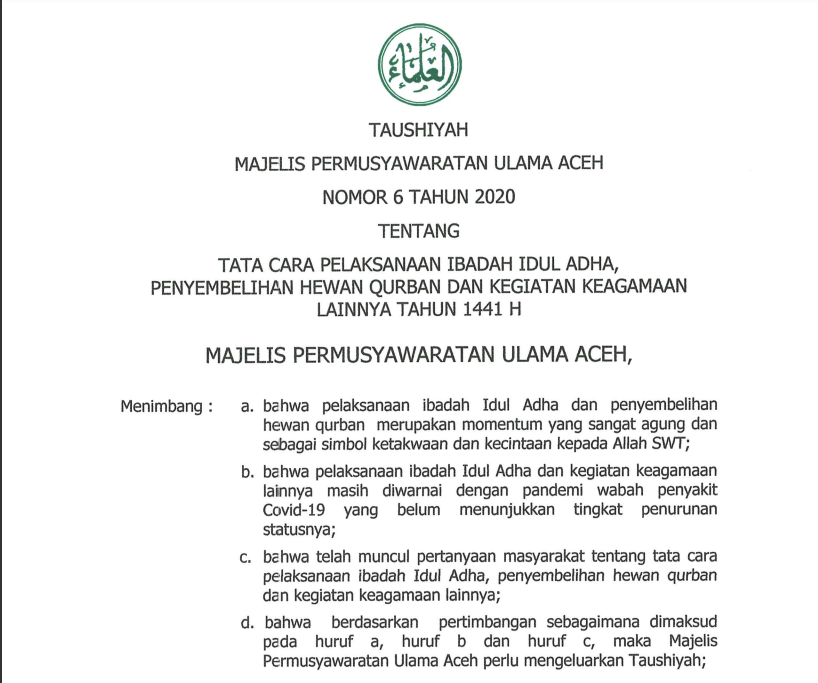 MPU Aceh Bolehkan Salat Idul Adha Berjamaah di Masjid