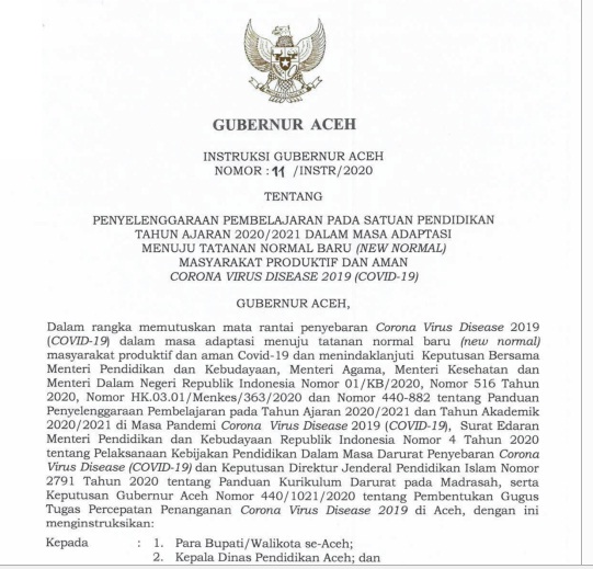 Ini Intruksi Gubernur Aceh Dalam Melaksakan Belajar Mengajar saat Pandemi Covid-19