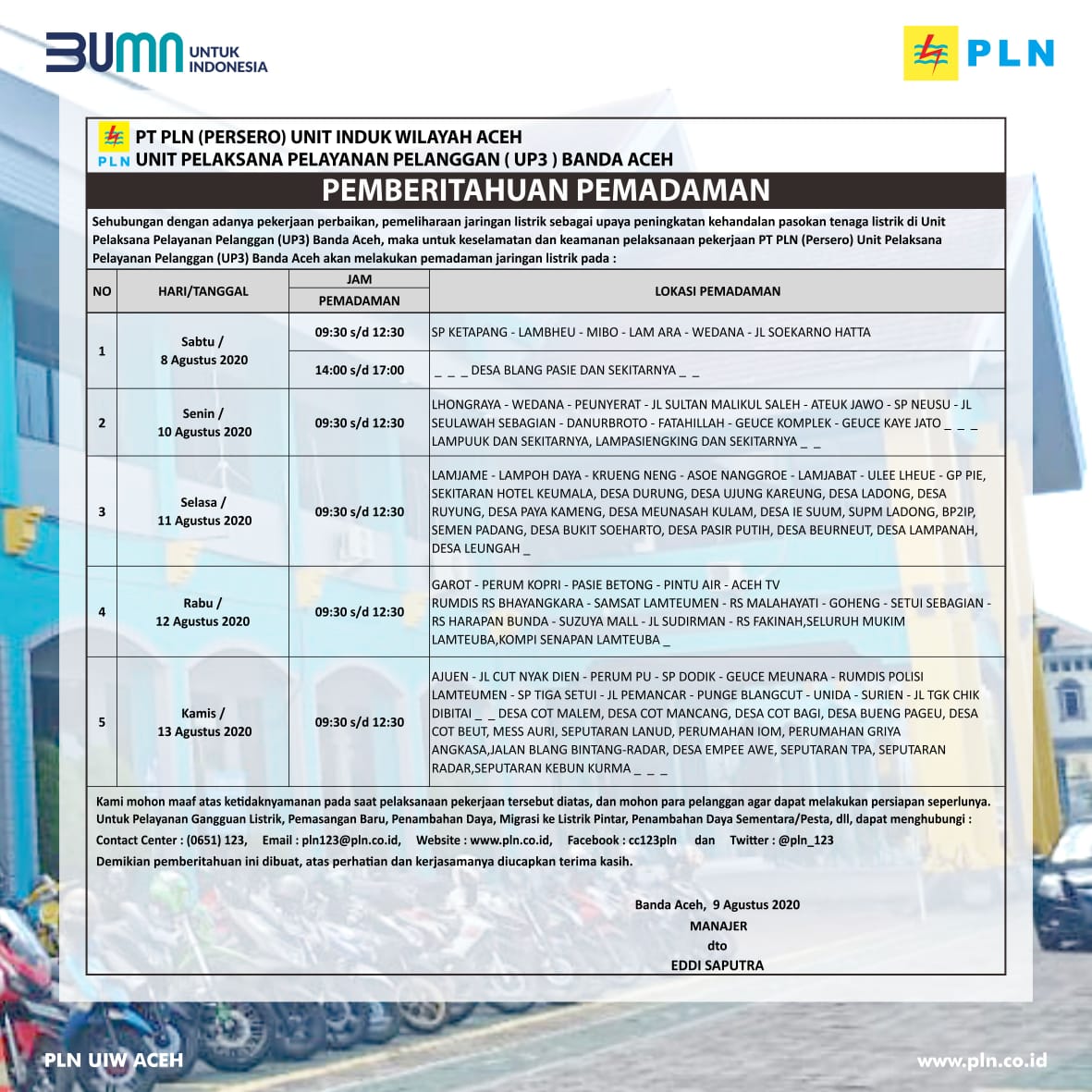 Perbaikan, PT PLN UP3 Banda Aceh Keluarkan Pemberitahuan Pemadaman, Cek Jadwalnya