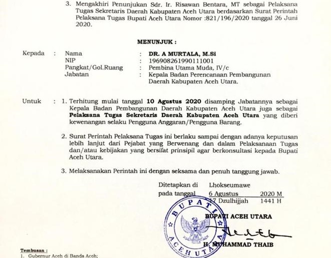 Bupati Aceh Utara Tunjuk DR Murtala Sebagai Plt Sekda