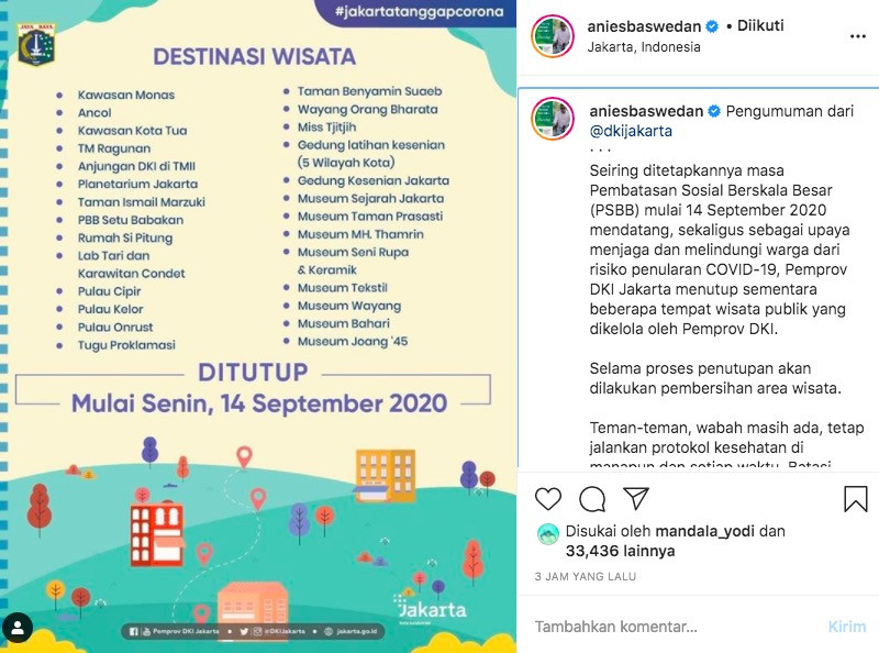 PSBB Total, Anies Baswedan Tutup 27 Destinasi Wisata