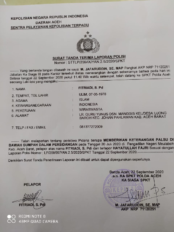 Ditolak di Polres Aceh Barat, Ajudan Bupati Dilaporkan ke Polda Aceh