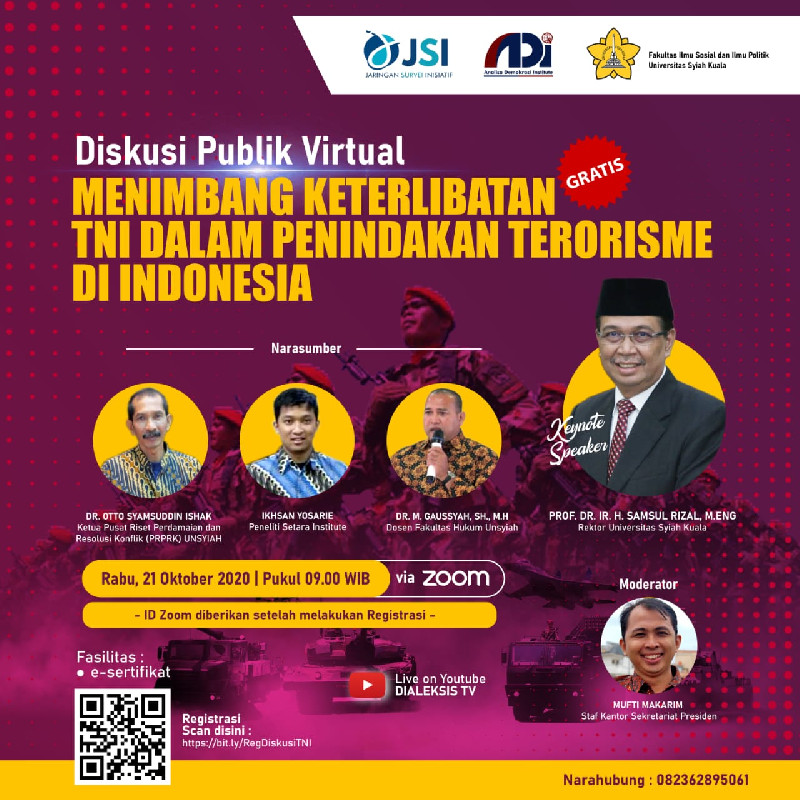 Diskusi Elemen Sipil Terkait Keterlibatan TNI dalam Urusan Terorisme, Daftar Segera