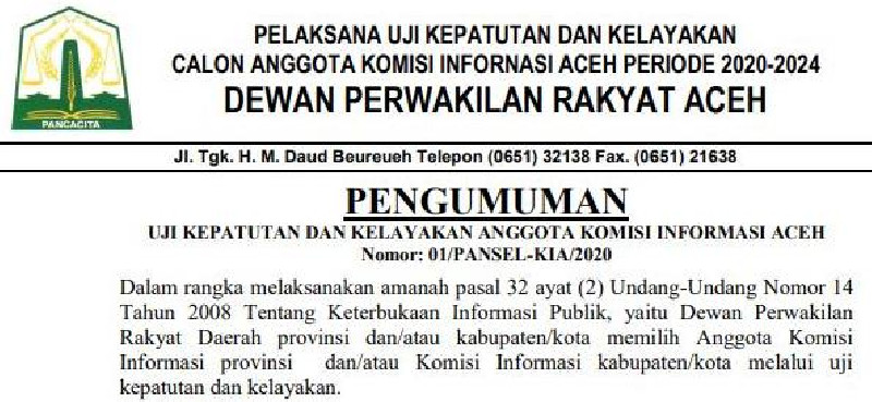 Ini Nama dan Jadwal Uji Kepatutan dan Kelayakan Anggota Komisi Informasi Aceh