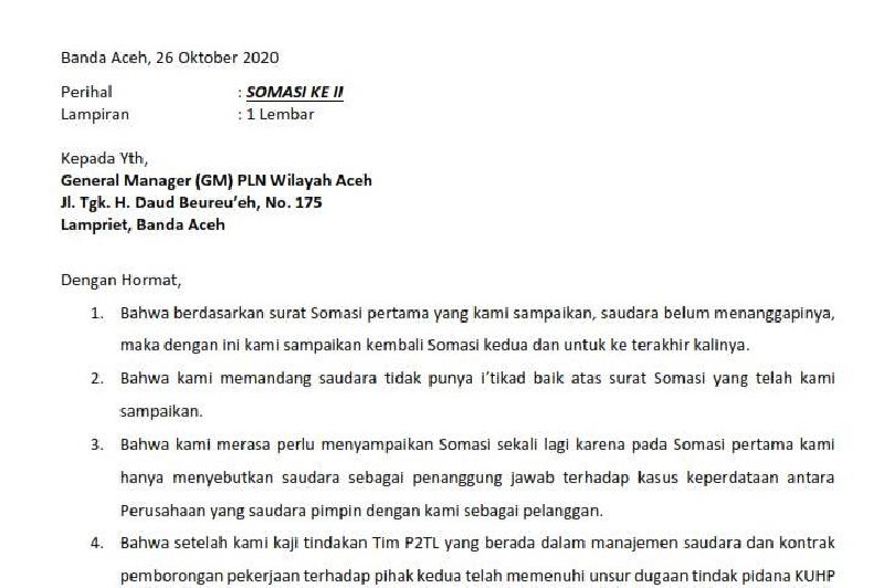 Syahril Ramadhan Somasi GM PLN Wilayah Aceh untuk Kedua Kalinya