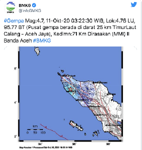 Aceh Jaya Diguncang Gempa M 4,7, Terasa Hingga Banda Aceh