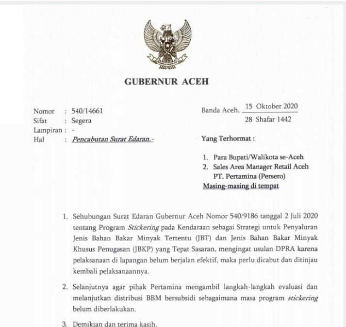 Plt Gubernur Aceh Cabut Edaran Stickering, Ini Isi Suratnya
