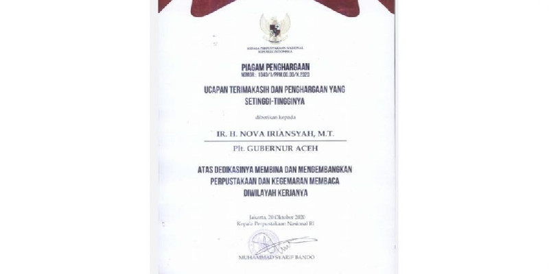 Perpusnas Anugerahkan Penghargaan Kepada Gubernur Aceh