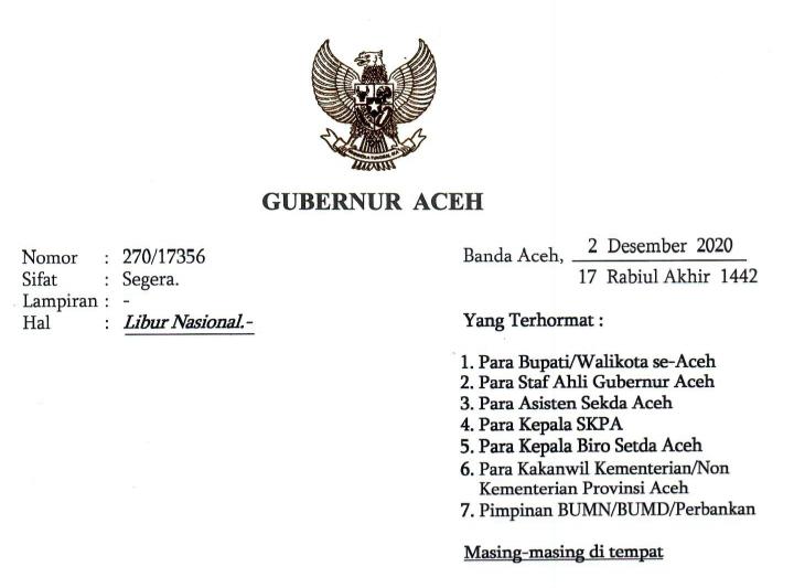 Libur Nasional Pilkada Serentak 9 Desember 2020, Ini Instruksi Gubernur Aceh