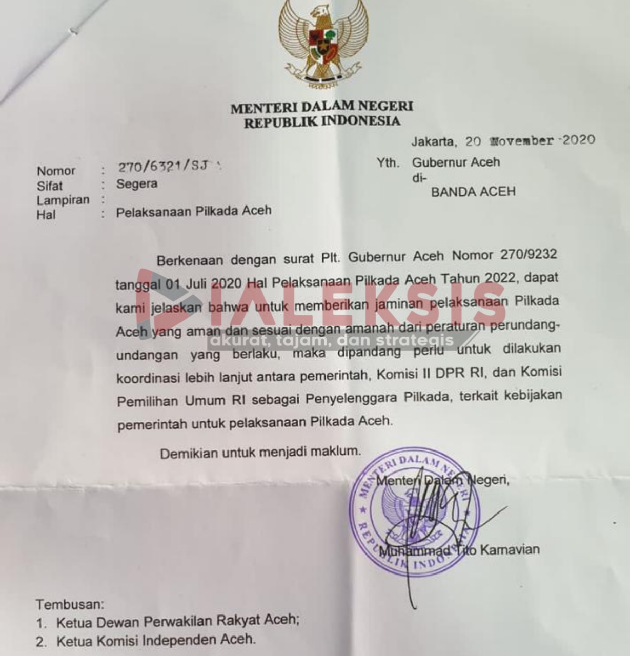 Mendagri Surati Gubernur Soal Pilkada Aceh, Apa Isinya?