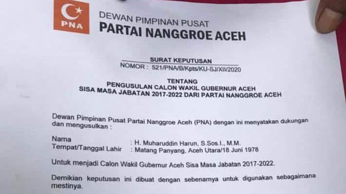 PNA Usul Muharuddin Harun Jadi Calon Wakil Gubernur Aceh Sisa Masa Jabatan 2017-2022