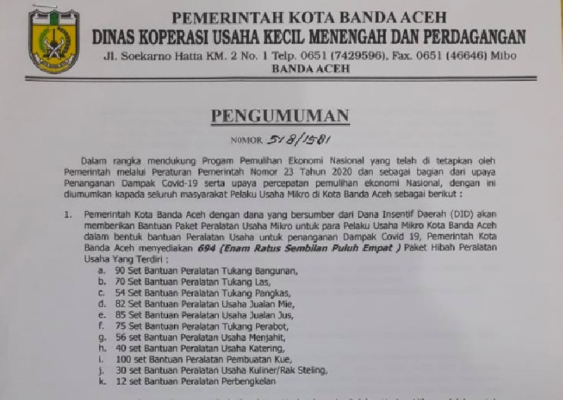Kuota Terbatas, Pemko Banda Aceh Buka Pendaftaran Bantuan Hibah Bagi UMKM