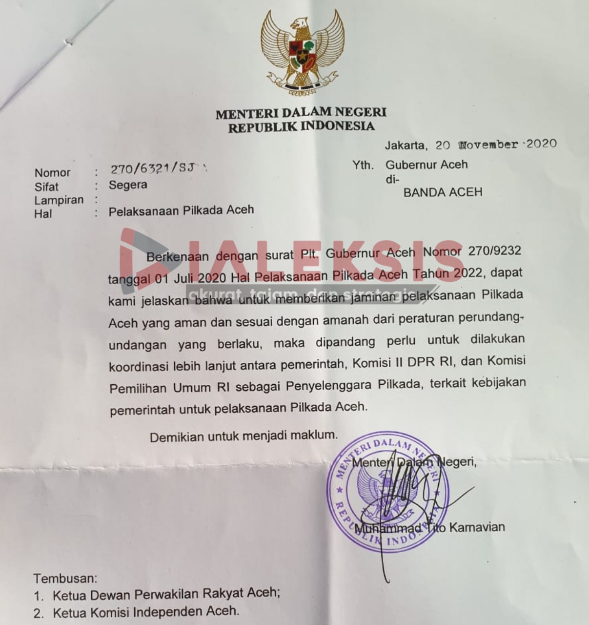 Mendagri Surati Gubernur Terkait Kebijakan Pelaksanaan Pilkada Aceh, Ini Isinya