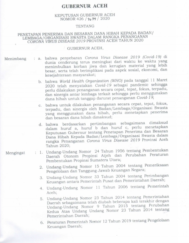 Pemerintah Aceh Berikan Dana Hibah Penanganan Covid-19, Ini Daftar Lembaganya