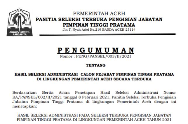 Ini Nama-nama yang Lolos Seleksi Administrasi Calon Pejabat Eselon II di Lingkungan Pemerintah Aceh