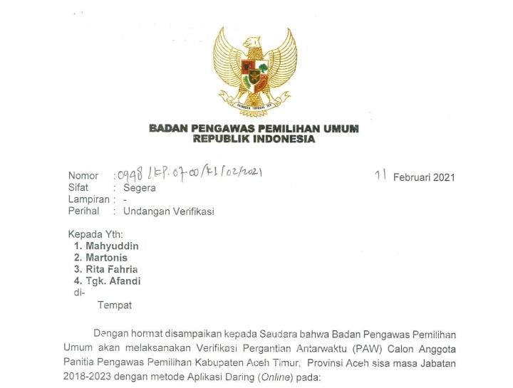 Bawaslu RI Verifikasi PAW Calon Panwaslih Aceh Timur