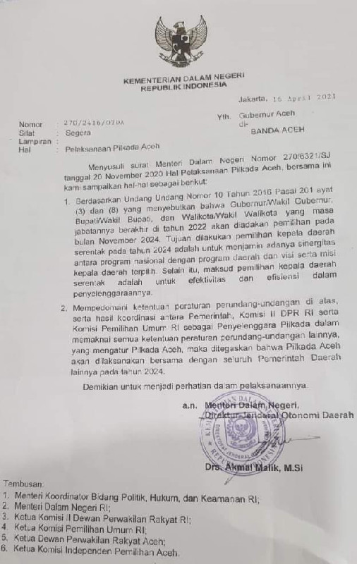 Kemendagri Surati Gubernur Aceh, Pilkada Diselenggarakan Tahun 2024