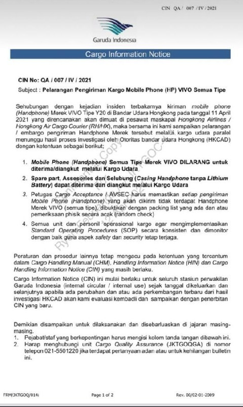 Garuda Indonesia Larang Layanan Kargo Ponsel Vivo