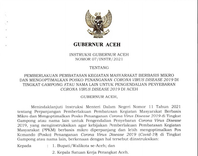Kendalikan Covid-19, Gubernur Aceh Tetapkan PPKM Mikro Hingga Akhir Mei 2021