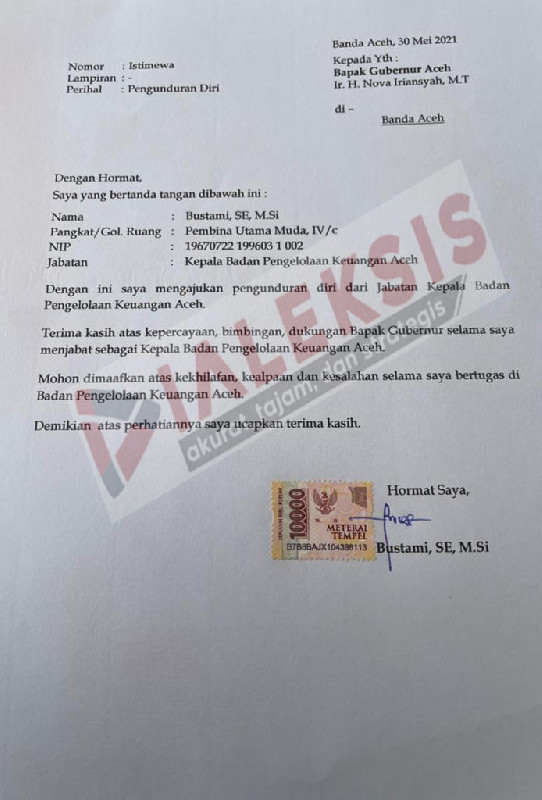 Bustami Hamzah Kirim Surat Pengunduran Diri Kepada Gubernur Aceh Sejak Bulan Mei