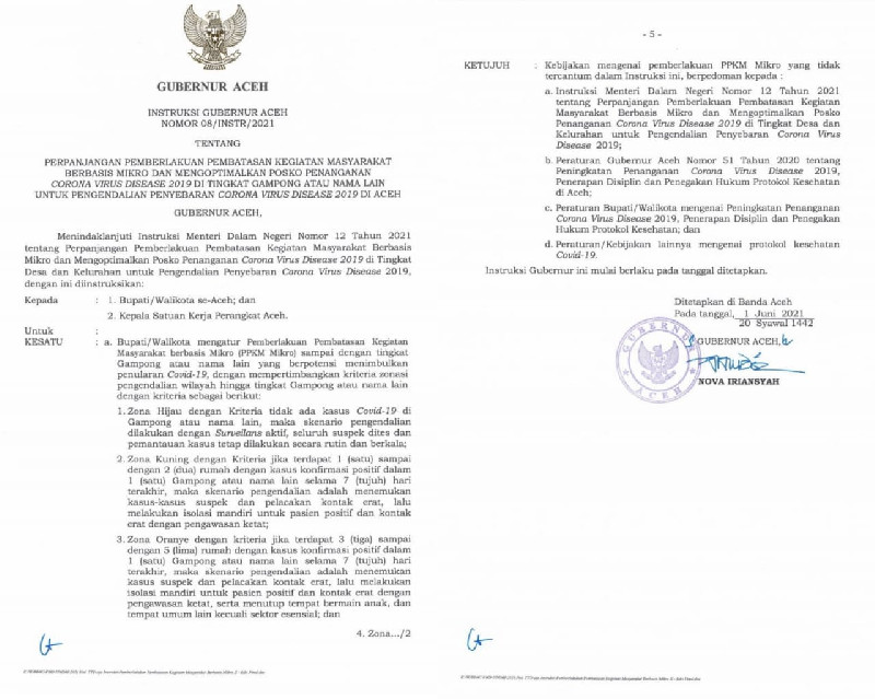 Gubernur Aceh Kembali Perpanjang Pembatasan Kegiatan Masyarakat Hingga 14 Juni 2021