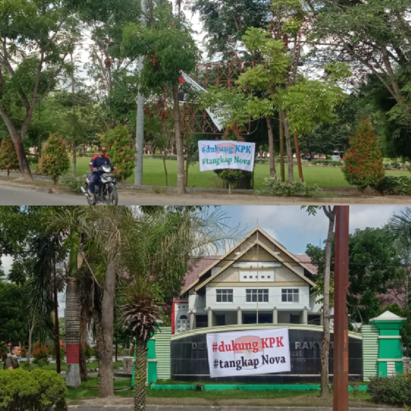 Spanduk Bertuliskan Tagar Dukung KPK Tangkap Nova Bertebaran di Aceh Tamiang