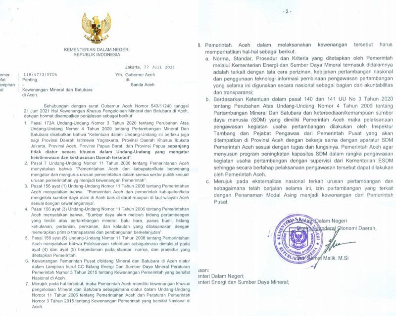 Kemendagri Tanggapi Surat Gubernur Aceh Terkait Pengelolaan Migas, Berikut Isinya