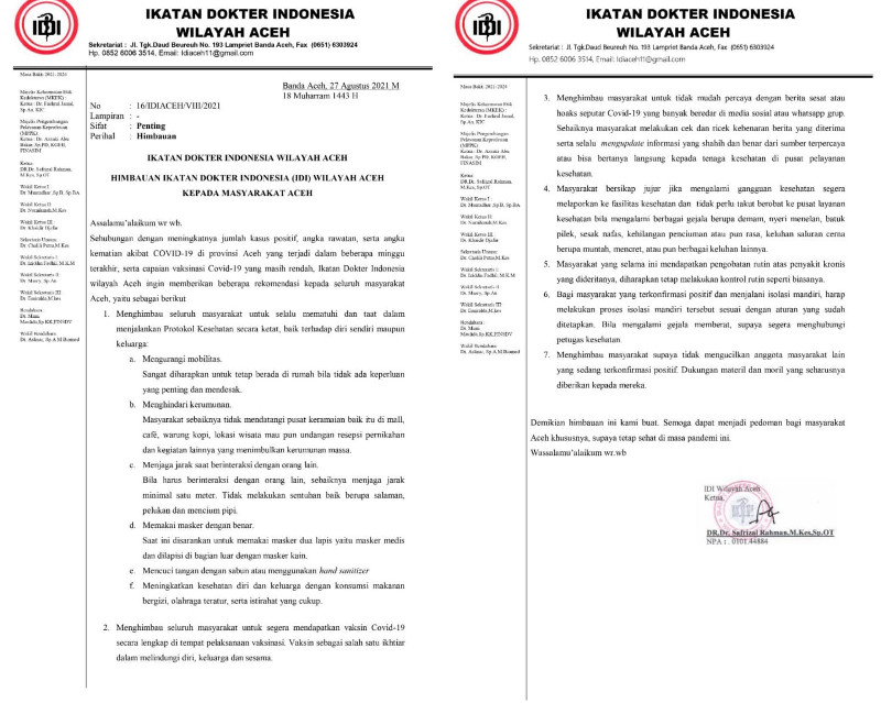 Meningkatnya Kasus Covid-19 di Aceh, IDI Aceh Keluarkan Surat Himbauan Bagi Masyarakat