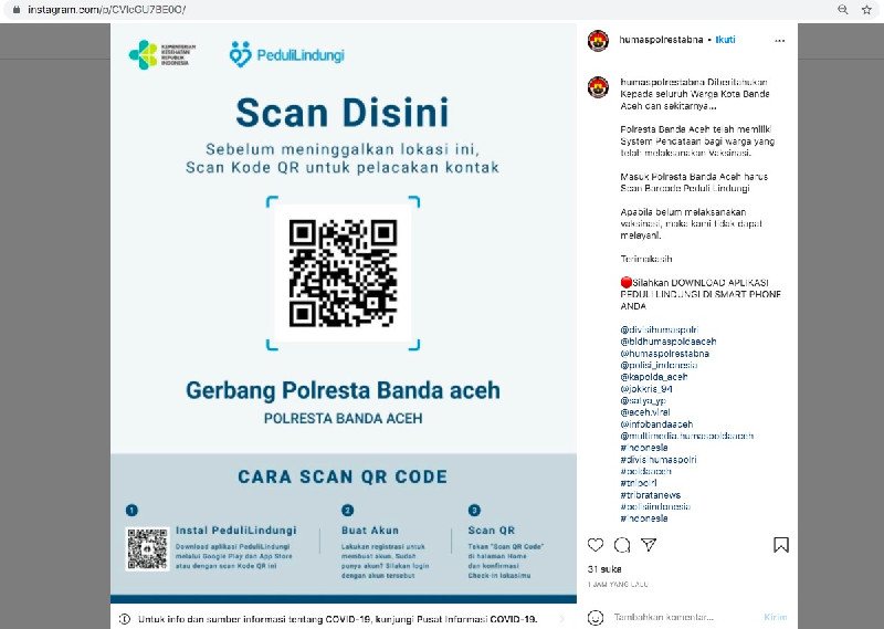 Butuh Pelayanan di Polresta Banda Aceh, Jangan Lupa Siapkan Aplikasi PeduliLindungi