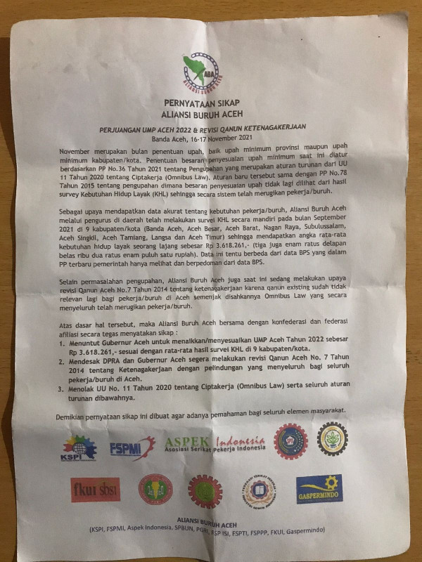 ABA Tuntut UMP Aceh Naik dan Desak DPRA Segera Revisi Qanun Ketenagakerjaan