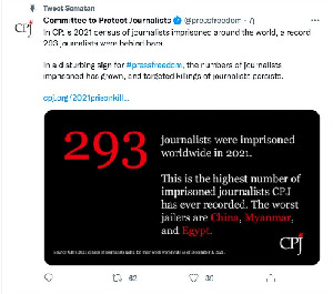 CPJ: Jumlah Jurnalis Dipenjara Capai Rekor Baru di 2021