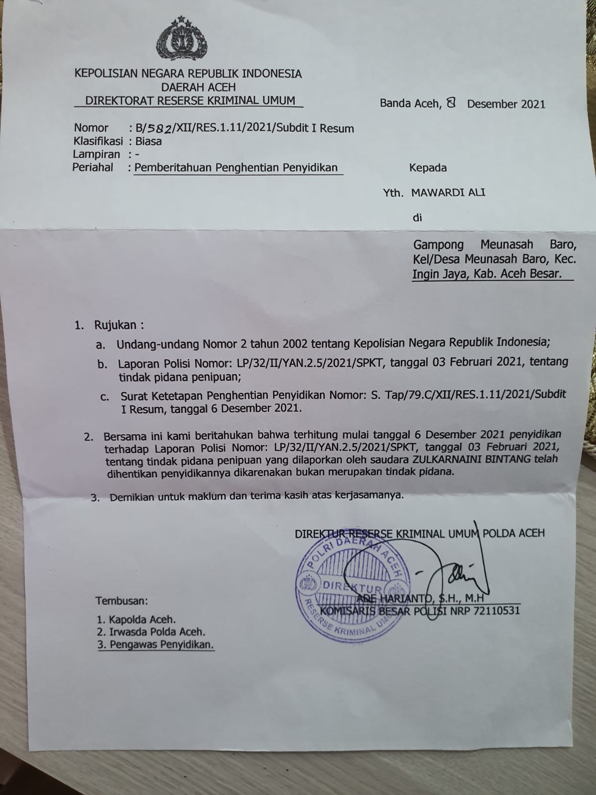 Polda Aceh Hentikan Pelaporan Perkara Dugaan Penipuan Terhadap Mawardi Ali