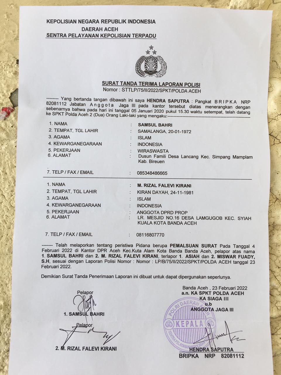 Asiah dan Miswar Fuady Dilaporkan ke Polda Aceh Karena Dugaan Pemalsuan Surat