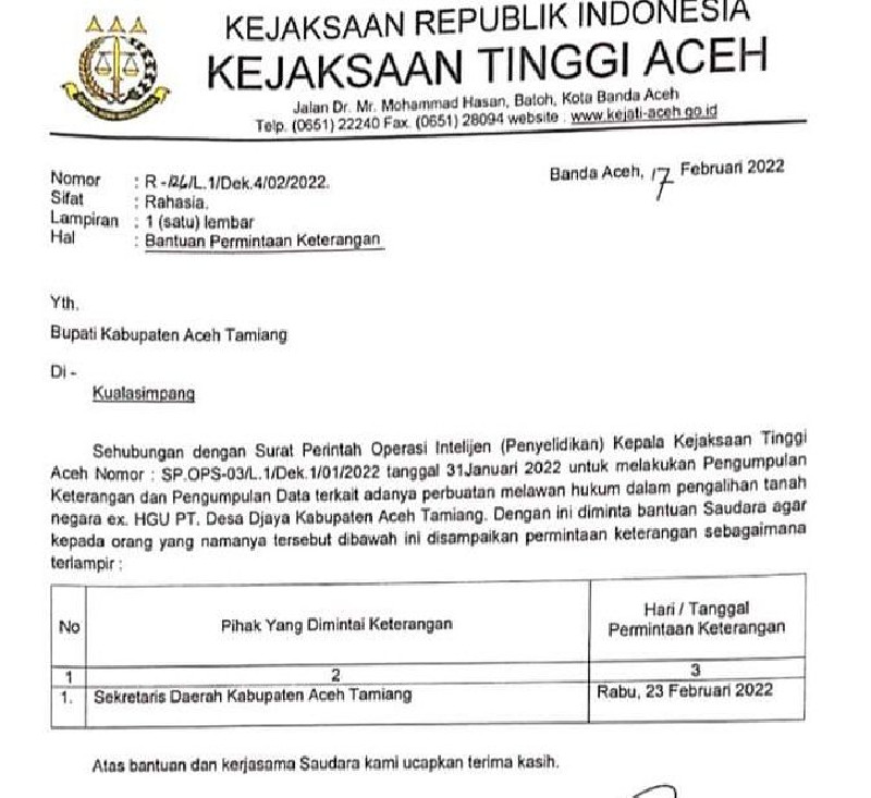 Pengalihan Tanah Ex HGU di Aceh Tamiang Diduga Melawan Hukum