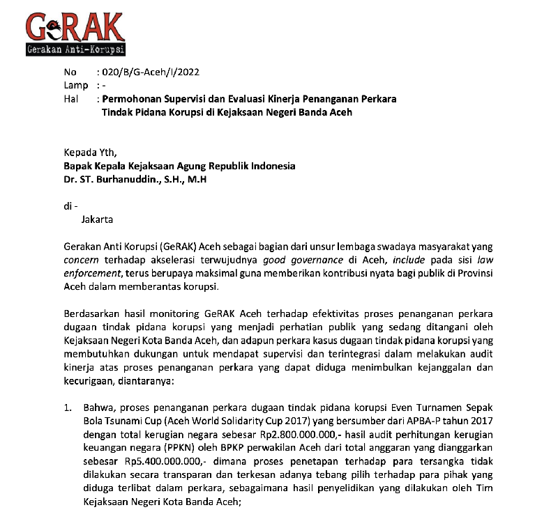 Surati Kejagung RI, GeRAK Minta Kinerja Kejari Banda Aceh Dievaluasi