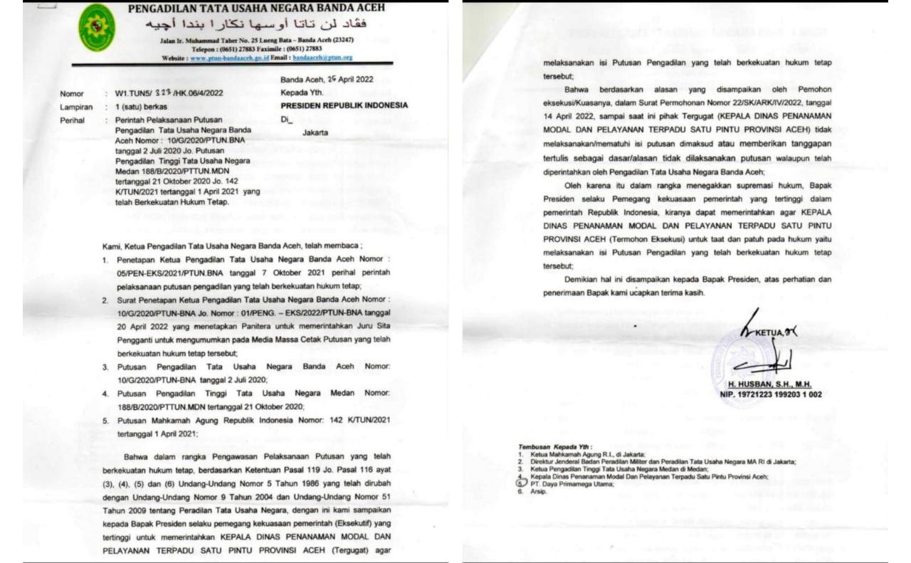 DPMPTSP Aceh Tak Indahkan Putusan, Ini Dampaknya