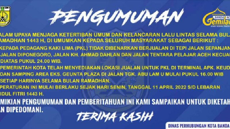 Dishub Banda Aceh Imbau PKL Tidak Berjualan di Sepanjang Jalan Diponegoro