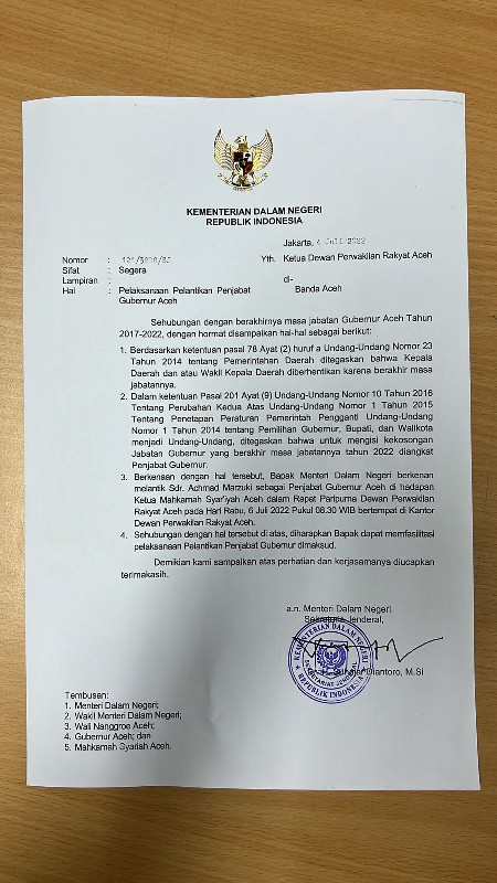 Mendagri Lantik Ahmad Marzuki, DPR Aceh Diminta Fasilitasi