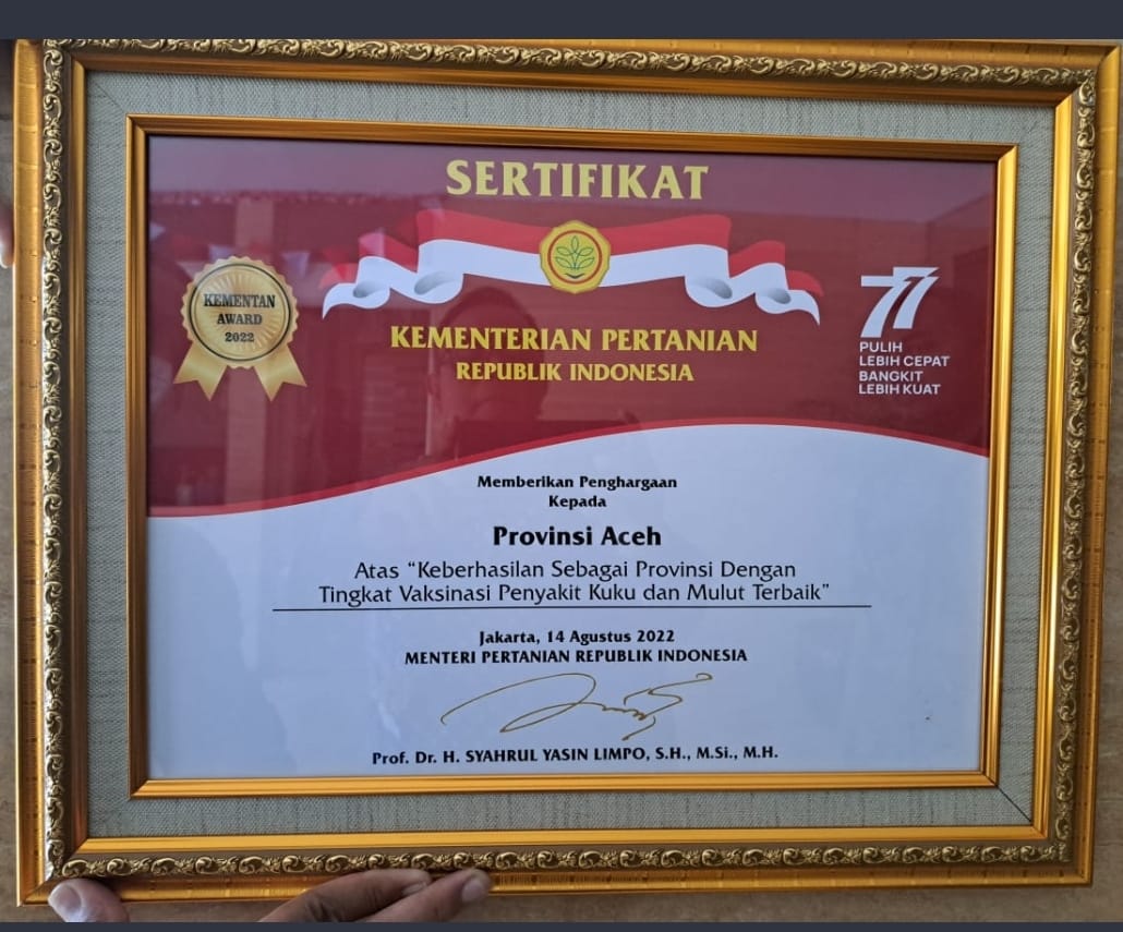Sukses Vaksinasi PMK, Pemerintah Aceh Dapat Penghargaan dari Kementan